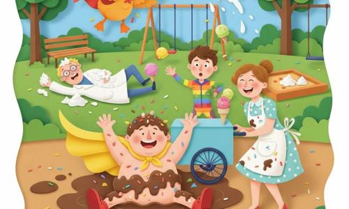Man, Captain Wobblebottom, round smiling face, joyful surprised expression, bright yellow cape, huge red boots stuck in a brown mud puddle, covered in chocolate ice cream and colorful sprinkles, flailing arms trying to get free; woman, Sally Splat, ice cream vendor in a pastel polka‑dot dress and stained apron, holding the handle of a sky‑blue ice cream cart beside the puddle, laughing at the Captain; boy, Speedy Sprinkles, about 14, shimmering rainbow costume, blurred in motion behind the cart, surprised as scoops of ice cream fly around him; superhero duck Quacky Quackerson, bright orange plumage and small orange cape, flapping above and scattering dollops of cream; clumsy Professor Fizzlepop in an oversized white coat and crooked glasses lying on the ground with whipped cream on his face; setting: colorful Giggleville park with paper‑cut green trees, bench, sandbox, swings and a textured ground strewn with sprinkles and cream; main situation: comic chaos of an ice‑cream rescue—Captain stuck in mud, friends frantically helping, flying ice cream and visible laughter.