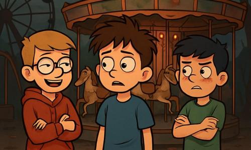 Há 3 personagens: Guilherme: um garoto de 12 anos, com cabelos castanhos bagunçados e olhos curiosos. Ele usa uma camiseta azul e um short de jeans, está no centro, olhando para o carrossel com uma expressão de preocupação. Rafa: um garoto de 12 anos, com cabelos loiros e lisos, usando óculos redondos. Ele está à esquerda de Guilherme, com um sorriso zombeteiro, mas seus olhos revelam um leve medo. Ele veste um moletom vermelho. Lucas: um garoto de 12 anos, com cabelos negros e sardas no rosto. Ele está à direita de Guilherme, com os braços cruzados e uma expressão preocupada. Ele usa uma camiseta verde e uma calça cargo. O local é um parque de diversões abandonado, com brinquedos enferrujados e cores desbotadas pelo tempo. O carrossel no centro, decorado com cavalos de madeira de cores desbotadas, gira lentamente, emitindo um rangido sinistro. Folhas secas cobrem o chão, e sombras dançam entre as estruturas em ruínas sob um céu tempestuoso. A situação principal mostra os três amigos diante do carrossel misterioso, com os rostos iluminados por uma luz estranha. Guilherme parece hesitante, enquanto Rafa tenta fazer piadas para esconder seu medo, e Lucas observa ao redor, preocupado com os sons estranhos que ecoam no ar.