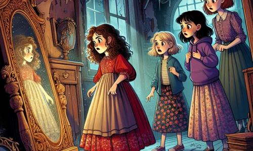 Patru fete de 9 ani stau într-o casă veche și abandonată, înconjurate de mister și magie. Ana, cu părul brun și buclat, poartă o rochie roșie și se află în centru, cu ochii mari de curiozitate, privind o mare oglindă veche. Elena, cu părul blond și drept, îmbrăcată într-un tricou albastru, stă puțin înapoi, cu o expresie îngrijorată, observând umbrele care dansează în jurul lor. Maria, cu părul castaniu și o fustă cu flori, este în dreapta, arătând spre o ușă misterioasă, cu fața iluminată de entuziasm. Raluca, cu părul negru și un hanorac mov, se află în spatele Anei, cu brațele încrucișate, având o expresie de frică amestecată cu determinare. Camera este întunecată și plină de praf, cu pereți din lemn deteriorat, pânze de păianjen în colțuri și raze de lumină filtrându-se prin feronerie sparte. Cărți vechi sunt împrăștiate pe podea, iar o mare oglindă ornamentată cu modele ciudate stă în centru, emanând o strălucire misterioasă. Fetele descoperă magia casei citind cu voce tare dintr-o carte veche, provocând un vârtej de lumină și umbre în jurul lor, creând o atmosferă fascinantă și ușor înfricoșătoare.