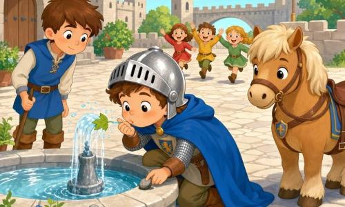Sir Lino, giovane cavaliere inginocchiato e sorridente, toglie un piccolo sasso da una fontana di pietra mentre soffia una foglia dal beccuccio per far zampillare gocce d'acqua; accanto a destra Piuma, cavallo piccolo e robusto, sellato senza cavaliere, e a sinistra un paggio di circa 10 anni con un bastoncino; sullo sfondo tre bambini di 5–7 anni corrono gioiosi con abiti colorati; corte del castello in pietra grigia con grande fontana rotonda, atmosfera mattutina luminosa, colori vivaci ma palette pastello, forme semplici e texture piatte.