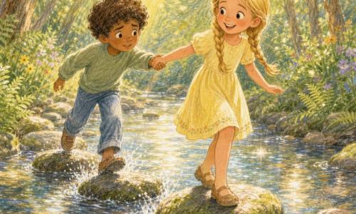 Two children, 8-year-old Lily with shiny braided blonde hair in a pale yellow dress standing on a large rock in the middle of a sparkling blue-silver river, reaching forward with a big smile, and 8-year-old Theo with curly brown hair in a pale green sweater on a slippery stone behind her, hesitant but taking Lily’s hand with a worried face softening; round mossy stepping stones form a path, banks lined with ferns and wildflowers, tall trees letting golden rays through; they cross unstable stones as Lily helps Theo, in a soft, bright atmosphere with joyful splashes, rising trust, warm colors and visible crayon-like textures.
