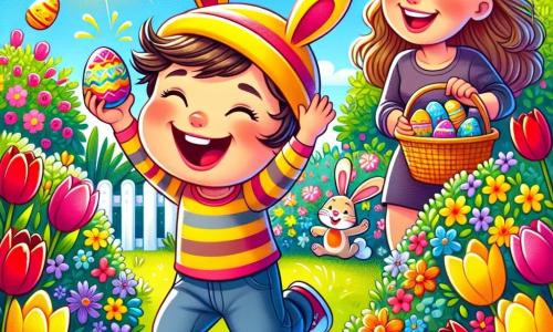 A 4-year-old boy, Max, with messy brown hair and a big smile, is wearing a yellow hat with bunny ears. He is joyfully jumping in a colorful garden, arms raised, surrounded by vibrant flowers. Next to him, his mom, a woman in her thirties with long blonde hair, smiles while holding a basket filled with decorated eggs, standing slightly back to encourage Max in his quest. The garden is in full bloom with red tulips, yellow daffodils, and violets, while the sun shines in a clear blue sky. The scene shows Max discovering a shiny egg hidden under a bush, with a look of wonder on his face, as an adorable stuffed bunny, the Easter bunny, appears behind a tree, ready to help them in their egg hunt.
