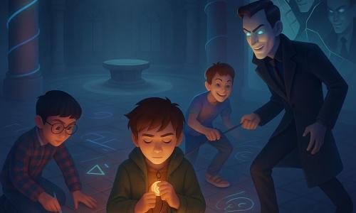Four characters in an underground circular chamber beneath a public square with worn tiled floor, cable-wrapped pillars and a cracked glass ceiling letting pale light and dust rays in: Milo, 12, messy brown hair, khaki jacket, kneeling center, clutching a small bronze coin on a cord to his chest and staring at it determinedly; Jace, 12, black hair, round glasses, plaid shirt, drawing precise numbers and geometric lines in white marker on the tiles left of Milo; Rafi, 12, short hair, provocative grin, colorful T‑shirt, energetically adding faces and eyes with white chalk while slightly right, pulling a cable to hold back Mr. Vant; Mr. Vant, adult 30–40, perfect dark coat, styled hair, cold smile, pale face with screen‑bright eyes, retreating toward a cracked mirror that multiplies his reflections as he loses the coin. The central dramatic confrontation: Milo raises the coin and chalk drawings on the floor light up into colorful spirals, arrows and eyes, pushing back the cold uniform light; composition centers on Milo and the coin with a diagonal tension toward the cracked mirror, urban‑fantastical atmosphere, clear contrasted textures and softened neon colors.