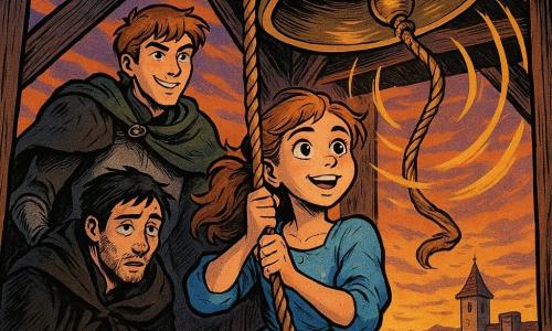 The princess (about 12) stands center, soft determined face, sky-blue dress dusted with flour, gripping the bell rope with both hands, muscles tense and posture luminous; Prince Rowan (about 15) stands behind with a lopsided smile, light armor and rumpled green cape, hand on the rope in support and a protective look; Sable, the old messenger (mid-20s), stands left, tired but moved, dark coat draped on his shoulders, eyes shifting from the ground to the bell; they are atop an old wooden bell tower with exposed beams and a rough rope, a large patinated bronze bell engraved with tiny stars and vines, twilight sky orange and purple and village roofs below; the princess and prince pull together as the bell begins to ring, golden sound waves spiral out and gently illuminate the surrounding faces, creating a warm, hopeful atmosphere.