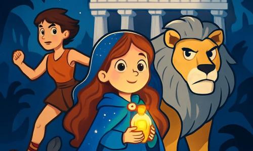 Thaleia, a young girl with long wavy hair, wears a shimmering blue cape that sparkles like the moon. Her face shows both determination and wonder as she stands proudly at the center of the image, holding a small vial of golden light in her hands. Beside her is Courage, a majestic lion with a silver mane and golden eyes, standing protectively with a proud and vigilant gaze. A little behind, Atalanta, an agile young woman around 20 with short hair and ancient athletic clothing, runs gracefully, ready to assist Thaleia. The scene takes place in the heart of Athens, in front of the grand Parthenon, where white columns rise majestically under a starry sky. Dark shadows stretch around them, creating a magical yet unsettling atmosphere. Thaleia, Courage, and Atalanta form a brave trio, united to fight the threatening shadows that seek to seize light and hope.
