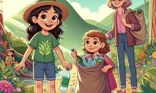 Una niña de 7 años, llamada Sofía, está en el centro de la imagen, con grandes ojos brillantes de curiosidad y una amplia sonrisa. Lleva una camiseta verde con un diseño de hoja, un short de mezclilla y un sombrero de paja. Sofía está agachada recogiendo una botella de plástico del suelo, rodeada de flores coloridas y hojas verdes. A su lado, su mejor amiga Valeria, también de 7 años, tiene el cabello rizado y lleva un vestido rosa. Sostiene una gran bolsa de tela llena de basura que ha recogido, con una expresión decidida. Al fondo, la profesora Clara, una mujer de unos 30 años con gafas y una sonrisa cálida, observa a los niños mientras sostiene un cartel que dice "Cuidemos la naturaleza". La escena transcurre en la hermosa reserva natural de Ecopaz, donde grandes árboles se elevan hacia el cielo y los rayos de sol iluminan el suelo cubierto de flores silvestres y pequeños animales escondidos en los arbustos. Sofía y Valeria están en plena acción, recogiendo basura en la reserva, con expresiones de alegría y orgullo, mostrando su compromiso de proteger la naturaleza y concienciar a otros sobre la importancia de la ecología.