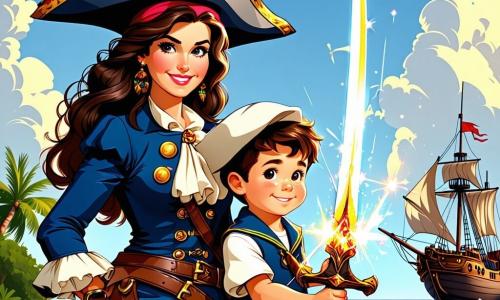 A cena mostra a capitã Valentina, uma mulher corajosa de cerca de 30 anos, com longos cabelos castanhos ao vento, usando um chapéu de pirata decorado com uma pena colorida. Seu rosto é marcado por um sorriso determinado, e ela empunha uma espada brilhante, pronta para defender seu tesouro. Ao seu lado, o jovem marinheiro Pedro, um garoto de 12 anos, com cabelos desgrenhados e olhos brilhantes de curiosidade, segura um mapa do tesouro nas mãos, olhando para Valentina com admiração. Ele está levemente para trás, mas seu entusiasmo é palpável. Ao fundo, o cenário é uma ilha tropical exuberante, com palmeiras balançando suavemente, rochas íngremes e um mar turquesa cintilante. O céu é de um azul brilhante, salpicado de algumas nuvens brancas fofas. A situação principal mostra Valentina e Pedro descobrindo um velho baú de madeira enterrado na areia, cercado por moedas de ouro e joias brilhantes, enquanto um arco-íris se forma acima deles, simbolizando sua vitória e espírito de aventura.