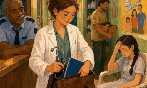 A Dra. Lina, médica jovem e sorridente, rosto redondo com sardas, cabelo castanho preso em coque desalinhado, de jaleco branco levemente amarrotado, segura um estetoscópio prateado e um caderno azul enquanto fecha sua pasta médica de couro marrom; Seu Davi, segurança de cerca de 60 anos, pele escura e bigode grisalho, apoia-se num balcão de madeira na porta do posto de saúde e observa-a com olhar cansado porém benevolente; uma aluna de ~12 anos, pele pálida, cabelos negros em trança e roupa escolar clara, está sentada numa cadeira plástica à direita com a mão na testa; ao fundo, um voluntário do abrigo animal de ~30 anos, camiseta empoeirada, segura uma pequena caixa perto de uma estante; o cenário é o corredor noturno de um posto de saúde de bairro com paredes pistache desgastadas, cartazes coloridos de prevenção, iluminação halógena quente, piso de azulejo bege brilhante e um grande cartaz de vacinação à direita — a Dra. Lina prepara calmamente seu equipamento para sair ajudar vários locais na cidade, atmosfera de vigília noturna, gestos precisos e esperança contida.