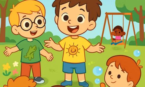 Há 2 personagens principais: Léo, um garoto de 4 anos com cabelo castanho bagunçado e olhos brilhantes, vestido com uma camiseta amarela com um sol sorridente e um short azul, está no centro da imagem com um sorriso corajoso. Tom, também de 4 anos, tem cabelo loiro e óculos redondos, usa uma camiseta verde com um dinossauro e uma calça vermelha, e está à esquerda de Léo, com um olhar encorajador e os braços abertos, pronto para apoiar o amigo. A cena acontece em um parque ensolarado, cheio de flores coloridas e árvores verdes, com crianças brincando, balanços se balançando e um céu azul com nuvens brancas. A situação principal mostra Léo conversando animadamente com um grupo de crianças, explicando que tem uma pequena doença, mas está sempre disposto a brincar e se divertir, enquanto as crianças o escutam atentamente, algumas sorrindo e outras fazendo bolhas de sabão, criando uma atmosfera alegre e amigável.