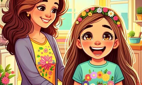 Ein 10-jähriges Mädchen mit langen braunen Haaren und strahlenden Augen steht vor einem Frühstückstisch. Sie trägt ein buntes T-Shirt mit Blumenmustern und eine Jeansshorts. Ihr Gesicht strahlt Aufregung und Liebe aus, während sie ein Tablett mit Pancakes, dekoriert mit Früchten und Sirup, präsentiert. Neben ihr steht ihre Mama, eine etwa 35-jährige Frau mit braunen, hochgesteckten Haaren und einem warmen Lächeln, die ihre Tochter liebevoll ansieht, ihre Augen glänzen vor Emotionen. Sie befinden sich in einer hellen Küche, die von Morgenlicht durchflutet wird, mit gelben Wänden und grünen Pflanzen auf der Fensterbank. Die Hauptsituation zeigt das Mädchen, das seiner Mama ein Überraschungsgeschenk zum Muttertag überreicht, was einen Moment des Glücks und der Verbundenheit zwischen ihnen schafft.