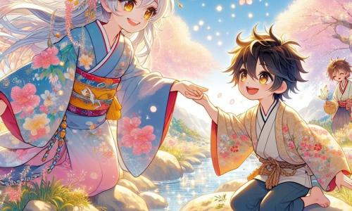 Yuki es una mujer espiritual del bosque, con cabello plateado flotando como nubes y ojos brillantes como estrellas. Lleva un kimono colorido con motivos de flores de cerezo, sonriendo suavemente mientras extiende la mano hacia un niño pequeño. Tomoya, un niño de 7 años, tiene el cabello negro desordenado y ojos chispeantes de curiosidad. Está sentado en una piedra al borde del arroyo, sosteniendo un pequeño barco de madera, con su rostro iluminado por la emoción y la alegría. El lugar es una hermosa claridad junto a un arroyo brillante, rodeado de cerezos en flor, cuyas pétalos rosas caen suavemente como nieve. El sol brilla a través de las hojas, creando sombras danzantes en el suelo. La situación principal muestra a Yuki y Tomoya, de la mano, observando el arroyo donde un pez dorado emerge del agua, iluminando la escena con un resplandor mágico.
