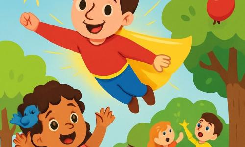 Un hombre sonriente, SuperLuz, lleva una capa amarilla brillante que brilla bajo el sol. Tiene cabello castaño y ojos llenos de alegría. SuperLuz vuela sobre un parque, con los brazos abiertos, listo para ayudar. A su lado, una niña de 6 años, con cabello rizado y un vestido rosa, levanta los brazos riendo, maravillada por su presencia. Un pequeño pájaro azul se posa en su hombro, cantando alegremente. El parque está lleno de árboles con hojas verdes y flores coloridas, con niños jugando en la hierba. La escena principal muestra a SuperLuz listo para ayudar a un grupo de niños que buscan un globo rojo atrapado en un árbol.