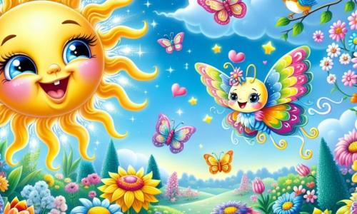 Un pequeño sol sonriente llamado Solito, con un rostro alegre y rayos dorados, ilumina un jardín colorido lleno de flores brillantes de todos los colores, como tulipanes y margaritas. Él danza alegremente en el aire, sus rayos brillando de felicidad. Junto a él, una mariposa llamada Bianca, con alas multicolores y translúcidas, vuela con gracia, mostrando una sonrisa radiante mientras juega a revolotear alrededor de las flores. Un pequeño pájaro llamado Pío, con plumaje azul brillante y un aire curioso, se posa en una rama, cantando alegremente y observando a sus amigos con ojos chispeantes de alegría. El jardín es un lugar encantador, bañado de luz, con un cielo azul claro y un suave aroma a flores que flota en el aire. La escena representa la fiesta de primavera que Solito y sus amigos organizan, llena de risas, juegos y colores vibrantes, simbolizando la amistad y la alegría de vivir en armonía con la naturaleza.