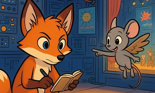 Im Zentrum des Bildes hockt ein junger Fuchs mit glänzenden Augen und leuchtend orangefarbenem Fell, namens Felix, konzentriert und entschlossen auf dem Boden. Er hält ein offenes Notizbuch in einer Pfote, mit einem Stift bereit zum Schreiben, während er aufmerksam Fußabdrücke im Staub untersucht. Rechts von ihm schwebt eine kleine graue Maus, Paula, mit Spatzenflügeln in der Luft, ihre Augen weit aufgerissen vor Aufregung. Sie zeigt begeistert und neugierig auf die Spuren am Boden. Im Hintergrund ist die Theaterregie mit bunten Kabeln, funkelnden Lichtern und Kontrollpaneelen gefüllt. Plakate von Animationsaufführungen schmücken die Wände, während ein großes Fenster einen Blick auf die Bühne darunter bietet, wo Tiere sich auf eine Vorstellung vorbereiten. Die Hauptsituation zeigt Felix und Paula bei ihrer Untersuchung, auf der Suche nach Hinweisen, um ein verschwundenes Lichtbuch zu finden, mit einer spürbaren Atmosphäre von Geheimnis und Abenteuer in der Luft.
