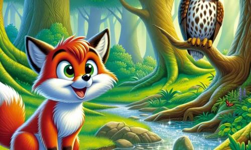 Ein junger Fuchs mit leuchtend rotem Fell, großen neugierigen Augen und einem erstaunten Lächeln steht am Ufer eines klaren Baches. Er schaut fasziniert auf das glitzernde Wasser, seine aufgestellten Ohren zeugen von seiner Begeisterung. Neben ihm sitzt eine weise alte Eule mit braun-weißen Federn auf einem niedrigen Ast und beobachtet Felix mit einem wohlwollenden Blick und einem leichten Lächeln, bereit, ihre Weisheit zu teilen. Der Ort ist ein wunderschöner grüner Wald mit majestätischen Bäumen und leuchtend grünen Blättern, während bunte Blumen den Boden schmücken. Die Hauptsituation zeigt Felix, der der Eule eine Frage stellt, was seine Suche nach Wahrheit und Verständnis symbolisiert, während das sanfte Murmeln des Baches eine friedliche Atmosphäre in diese magische Szene bringt.