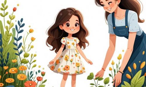 Una ragazza di 12 anni, di nome Sofia, si trova al centro dell'immagine con un grande sorriso sul volto. Ha lunghi capelli castani ondulati e indossa un vestito leggero a fiori colorati che danza col vento. Sofia è accovacciata, con le mani nella terra, mentre pianta semi in un giardino vibrante di colori. Accanto a lei, sua madre, una donna di circa 35 anni con i capelli castani raccolti, la osserva con orgoglio. Indossa una maglietta verde e jeans, tenendo una piccola pala in una mano. Un coniglio bianco, di nome Bianchino, è seduto vicino a Sofia, curioso, con le orecchie dritte e gli occhi scintillanti, pronto ad avvicinarsi. Il giardino è un luogo incantevole, pieno di fiori multicolori che fioriscono sotto il sole radioso, con alberi in fiore sullo sfondo e uccelli che cantano tra i rami. Sofia e sua madre stanno piantando fiori insieme, celebrando l'arrivo della primavera e la bellezza della natura che le circonda.