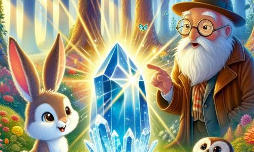 Ein kleiner Hase mit großen Ohren und weichem, seidigem Fell, dessen Augen vor Neugier funkeln, steht in der Mitte des Bildes und schaut staunend auf einen großen, leuchtenden Kristall, der farbige Lichtstrahlen ausstrahlt. Rechts von ihm beobachtet eine weise Eule mit braun-weißen Federn und runden Brillen auf der Nase aufmerksam den Kristall und zeigt einen Ausdruck von Konzentration und Weisheit. Links lächelt ein alter Herr mit faltigem Gesicht, der einen Filzhut trägt und eine abgetragene Lederjacke anhat, warmherzig, während er seinen wiedergefundenen Hut in den Händen hält, mit einem Ausdruck von Dankbarkeit in seinen Augen. Die Szenerie ist ein wunderschöner verzauberter Wald, voller leuchtender Blumen und majestätischer Bäume, durch die Sonnenlicht hindurchscheint und eine magische, einladende Atmosphäre schafft. Die Szene zeigt den Moment, in dem die Charaktere sich darauf vorbereiten, den Kristall zu berühren, um durch die Zeit zu reisen, umgeben von einer Aura der Aufregung und des Geheimnisses, bereit für ein außergewöhnliches Abenteuer.