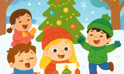 Ci sono 4 bambini: - Anna: una ragazza di 3 anni con lunghi capelli biondi e occhi brillanti, indossa un cappotto rosso vivo e un berretto di lana, è in piedi al centro, sorridente, mentre tiene un disegno di un albero di Natale. - Luca: un ragazzo di 3 anni con capelli castani disordinati e guance rosate, indossa una sciarpa blu e guanti gialli, è a sinistra di Anna e canta gioiosamente. - Marco: un ragazzo di 3 anni con capelli neri e occhi marroni, indossa una giacca verde e un berretto con pompon, è a destra di Anna e balla nella neve. - Sara: una ragazza di 3 anni con capelli castani e trecce, indossa un cappotto rosa e stivali bianchi, è leggermente indietro e applaude con entusiasmo. La scena si svolge in un parco invernale incantevole, con la neve che copre il suolo come un morbido tappeto, alberi maestosi decorati con luci scintillanti e un grande albero di Natale al centro, decorato con palline colorate e stelle dorate. I bambini cantano una canzone di Natale per far sorridere gli abitanti del villaggio, irradiando entusiasmo e amicizia, creando un'atmosfera calda e festosa.