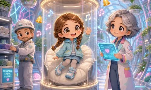 Una bambina di 8 anni, Lila, sorridente e meravigliata, capelli castani intrecciati, occhi grandi e brillanti, giacca leggera blu e stivaletti, fluttua dolcemente in un piccolo ascensore d'aria trasparente mentre saluta con la mano. Vicino a lei, a destra, una tecnica adulta di circa 35 anni, sorridente, capelli corti grigi e camice colorata, la osserva con benevolenza tenendo un tablet luminoso. Sullo sfondo a sinistra, un tecnico di circa 40 anni, volto dolce e con un sottile casco, sistema dei piccoli filtri di stoffa riutilizzabili su una scaffalatura metallica. Il luogo è un tunnel futuristico e luminoso con pareti di vetro e metallo, venature luminose cian e rosa, pannelli solari flessibili e piccole fioriere idroponiche sospese; il pavimento in piastrelle chiare si illumina sotto i passi. L'ascensore è una bolla trasparente con bagliori caldi, interno morbido come un cuscino; intorno fluttuano piccole note musicali e campanelle grafiche che esprimono la gentilezza della macchina.