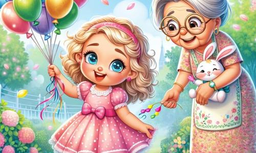 A 5-year-old girl with sparkling blue eyes and curly blonde hair is at the center of the image. She is wearing a pink dress with white polka dots and bunny slippers, smiling enthusiastically while holding a colorful list in her small hands. Next to her, an elderly woman, Mrs. Hoot, around 70 years old, has round glasses and gray hair in a bun. She is dressed in a floral dress and holding a bouquet of colorful balloons, smiling warmly at the little girl. In the background, a flower garden stretches out, with green trees and floating balloons tied to the branches. The scene takes place on a sunny afternoon, filled with joy and excitement. The little girl is freeing balloons that got stuck in a tree, with a determined and happy look, surrounded by the festive energy of her birthday.