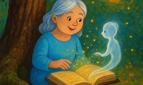 Ana, o femeie zâmbitoare și binevoitoare cu față rotundă, pistrui ușori și păr argintiu strălucitor, îmbrăcată într-o rochie bleu, stă la poalele unui stejar bătrân cu scoarță adânc crestată și rădăcini acoperite de mușchi, deschide un vechi tom mare din care ies linii de text aurii și licurici de lumină care transformă o umbră tristă și subțire într-un fir argintiu strălucitor, într-o pădure luminoasă cu covor de frunze colorate și flori mici roz la amurg.