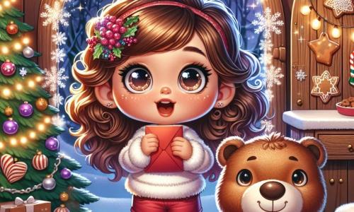 Una bambina di 5 anni, Nina, con grandi occhi scintillanti e capelli ricci castani, si trova davanti a una porta magica in legno decorata con fiocchi di neve luccicanti. Esprime grande curiosità ed eccitazione, tenendo una lettera rossa tra le mani. Accanto a lei, il suo amico peluche, un orsetto di nome Bruno, è un orso di peluche marrone con un sorriso caloroso, pronto a accompagnarla nella sua avventura. L'ambiente è una cucina accogliente e festosa, piena di luci natalizie, biscotti allo zenzero sulla tavola e un grande albero decorato con ghirlande scintillanti, creando un'atmosfera magica e gioiosa. Nina e Bruno si preparano ad aprire la porta magica che li porterà al Polo Nord, impazienti di incontrare Babbo Natale e consegnare la lettera importante.