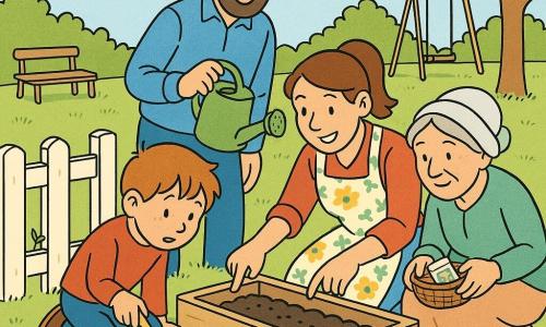 Ein 6-jähriger Junge, bewegt und konzentriert, mit rundem Gesicht und wuschelig hellbraunen Haaren, hält eine kleine gelbe Schaufel und betrachtet ein winziges grünes Keimling; die Mutter (ca. 30–35), braune Pferdeschwanz, lächelnd und kniend, zeigt auf eine Reihe gesäter Samen und trägt eine geblümte Schürze; der Vater (ca. 35–40), kurzbärtig mit blauer Kappe, steht mit einer grünen Gießkanne hinter den Hochbeeten und lächelt den Junge an; die Großmutter (ca. 65), graue Haare im Dutt, leichtes Kopftuch, hockt mit einem kleinen Körbchen voller Samenpäckchen neben einem Beet; Ort: sonniger Familiengarten mit vier rechteckigen Holzabgrenzungsbeeten, dunkler krümeliger Erde, Schaukel und Holzbank, einem knospenden Baum und weißer Lattenzaun, an dem ein kleines grünes Pflänzchen wächst; Hauptszene: die Familie gärtnert gemeinsam am Morgenlicht, Samen liegen in der Hand des Jungen, warme, aufmerksame Mimik und lebhafte Farben.