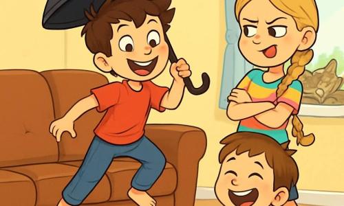 Um menino de 10 anos, Tomás, com cabelos castanhos bagunçados e olhos brilhantes de travessura, está em pé em um sofá de couro marrom, com um grande sorriso no rosto, segurando um guarda-chuva aberto. Ao seu lado, sua irmã Leonor, uma menina de 10 anos com cabelos longos e loiros trançados, usa uma camiseta colorida e faz uma careta divertida, de braços cruzados, pronta para provocá-lo. Mais longe, seu irmãozinho André, um garoto de 7 anos com cabelos castanhos, está agachado no chão, rindo alto, com migalhas de biscoito no rosto. A cena acontece em uma sala iluminada, com paredes pintadas de amarelo pastel, brinquedos espalhados sobre o tapete macio e um grande gato tigre, Zé Bolacha, que dorme tranquilamente na janela. Tomás, tentando voar com o guarda-chuva, está prestes a pular do sofá, enquanto Leonor e André o encorajam rindo, criando uma atmosfera de alegria e camaradagem.