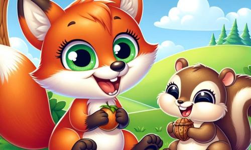 Un pequeño zorro de ojos brillantes y pelaje naranja brillante, sonriendo con entusiasmo, está sentado en la hierba verde, rodeado de deliciosas bayas y frutas coloridas, durante un picnic. A su lado, una pequeña ardilla de pelaje marrón claro, con una cola esponjosa y ojos traviesos, ríe alegremente mientras sostiene una nuez entre sus patas, sentada justo enfrente del zorro. El decorado es una colina verde, salpicada de flores brillantes y árboles majestuosos, con un cielo azul claro y algunas nubes blancas flotando. La escena muestra al zorro y a la ardilla compartiendo un momento de felicidad, disfrutando de las delicias del picnic bajo la sombra de un gran árbol.