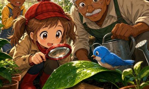 A 6-year-old girl with light brown pigtails, round face and bright eyes, curious smile, holding a red magnifying glass and wearing a small red detective hat, crouches to look at a piece of wood under a large green leaf; beside her to the right a ~70-year-old grandfather with gray hair, round glasses and a soil-dusted gardener's smock leans in smiling while holding a watering can; a small bright blue bird perches on the leaf above the wood, head tilted as if telling a story; inside a glass greenhouse lit with golden light, clay pots and wooden shelves, large leaves with glistening water drops and dark wet soil; the scene shows the discovery of the tenth wooden step hidden under a plant, with warm, colorful atmosphere and visible textures of wood, soil, leaf and feathers.