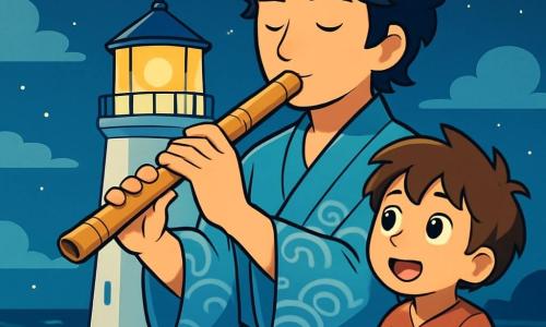 A man named Kaito, in his thirties with slightly wavy black hair, stands atop a lighthouse. His face shows a gentle yet determined concentration, and his eyes shine with hope. He wears a light blue kimono adorned with wave patterns and holds a shakuhachi, a bamboo flute, to his lips. Beside him, a young boy of about 10, with messy brown hair, looks on in wonder, his eyes wide with admiration for Kaito. He wears a simple tunic and canvas pants. The setting is a majestic, tall white lighthouse overlooking a calm sea, where the waves shimmer under the moonlight. Light clouds float in the starry sky, adding a touch of magic to the scene. The main action depicts Kaito playing the flute, creating a soft melody that resonates in the night air, while the boy listens attentively, captivated by the music that seems to awaken the magic of the lighthouse.