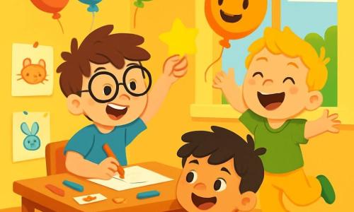 There are three characters: Timmy, a 7-year-old boy with messy brown hair and round glasses, wearing a blue t-shirt and red shorts, sitting at a table holding a pencil and smiling enthusiastically; Benny, a 6-year-old boy with blond hair and freckles, wearing a green t-shirt and yellow pants, standing and jumping with joy while holding a star-shaped sticker; and Sammy, a 5-year-old boy with black hair and sparkling eyes, wearing an orange t-shirt and blue shorts, crouching under the table and laughing while watching his friends. The main setting is a colorful classroom with bright yellow walls and animal drawings. A large window lets in sunlight, illuminating a big wooden table scattered with crayons, stickers, and sheets of paper. Colorful balloons float in the air, adding a magical touch to the atmosphere. The main situation shows the three friends playing hide and seek with a smiling orange balloon named Billy, who is counting joyfully. Timmy, Benny, and Sammy are laughing, hiding behind furniture and curtains, creating a joyful and friendly atmosphere filled with laughter and bright colors.