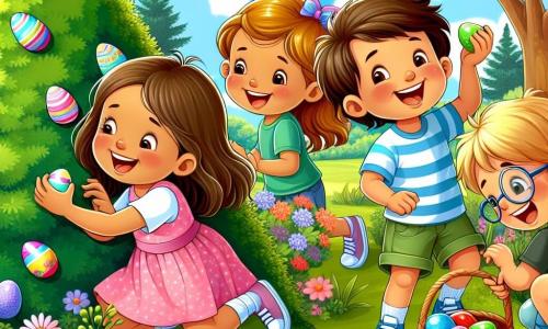 En un parque soleado, cuatro niños están en plena búsqueda de huevos de Pascua. María, una niña de 8 años con largos cabellos castaños y un vestido rosa, sonríe sosteniendo un huevo colorido en su mano. A su lado, Pablo, un niño de 9 años con cabello rubio y una camiseta azul, exclama señalando un huevo rojo escondido detrás de un arbusto. Ana, una niña de 7 años con dos coletas y un vestido amarillo con lunares, está agachada buscando debajo de un árbol, sus ojos brillando de curiosidad. Finalmente, Luis, un niño de 8 años con gafas y un pantalón corto verde, se inclina para recoger un huevo brillante del suelo, riendo con sus amigos. El parque está lleno de flores coloridas, grandes árboles con hojas verdes y un cielo azul brillante, creando un ambiente alegre y festivo. Los niños buscan huevos de Pascua escondidos, riendo y ayudándose mutuamente para descubrir los tesoros coloridos ocultos en la vegetación.