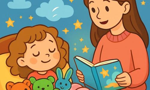 A 4-year-old girl with big bright eyes and light brown curly hair is lying in her cozy bed. She has a serene smile on her face, surrounded by colorful stuffed animals that seem to listen to her. Next to her, her mother, a gentle woman in her 30s with long straight hair, is reading her a story. She is wearing a pink wool sweater and has a loving gaze, sitting on the edge of the bed while holding a colorful illustrated book. The scene takes place in a warm bedroom with pastel blue walls and golden stars stuck to the ceiling. A soft ambient light emanates from a moon-shaped lamp, creating a peaceful and comforting atmosphere. The main situation shows the little girl taking deep breaths with her eyes closed, while her mother softly speaks to her, helping her relax before falling asleep. Fluffy clouds and sparkling stars float around them, adding to the magic of this zen moment.