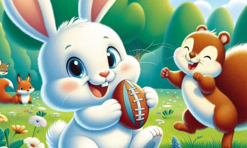 A small rabbit named Benny, with soft white fur and big ears, is joyfully smiling while holding a small rugby ball in his paws. He is at the center of the image, full of energy and enthusiasm, ready to play. Next to him, a squirrel named Sam, with brown fur and a bushy tail, is climbing a bush while laughing, his eyes sparkling with joy as he reaches out to catch the ball that has just flown away. In the background, a sunny meadow stretches as far as the eye can see, dotted with colorful flowers and large green trees. The sky is blue with a few fluffy white clouds, and curious animals like a fox and a hedgehog watch the scene with interest. The main situation shows Benny and Sam playing rugby, with the ball flying through the air, symbolizing friendship and teamwork, while other animals approach to join in the fun.