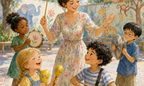 Una maestra sonriente y amable, pelo castaño recogido en un moño y vestido floral pastel, dirige con una batuta de madera; un niño de unos 7 años de rizos negros toca un tambor rojo entusiasmado a su derecha adelante; una niña de unos 6 años con trenza rubia sacude maracas amarillas riendo a la izquierda; un niño de unos 8 años con gafas redondas sostiene platillos plateados algo atrás a la derecha; una niña de unos 7 años de piel morena y vestido verde toca una pandereta decorada de flores detrás de la maestra, concentrada; la escena ocurre en el patio de la escuela con suelo empedrado y dibujos de tiza, muros con murales de animales, árboles y bancos de madera bajo un cielo azul; el grupo crea una melodía colectiva que pasa de caótica a armoniosa, con gestos y sonrisas en un ambiente cálido y animado.