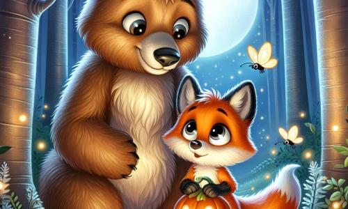 Ein kleiner, leuchtend orangefarbener Fuchs mit großen, glänzenden Augen und einer kleinen schwarzen Nase steht im Zentrum der Szene und schaut fasziniert auf das sanfte Licht einer Kürbislaterne, die er in seinen Pfoten hält. Er zeigt einen Ausdruck von Neugier und einem Hauch von Mut. Neben ihm hockt ein großer, brauner Bär mit weichem, seidigem Fell und einem breiten, tröstlichen Lächeln, um auf Augenhöhe mit dem Fuchs zu sein. Der Bär zeigt mit einer Pfote den Weg, seine Augen funkeln vor Freundlichkeit und Ermutigung. Die Szene spielt in einem verwunschenen Wald, der im silbernen Licht des Mondes getaucht ist. Majestätische Bäume mit dicken Stämmen und funkelnden Blättern schaffen eine magische Atmosphäre, während Glühwürmchen um sie herumtanzen und Lichtpunkte in die Dunkelheit bringen. Der kleine Fuchs und der Bär erkunden gemeinsam die Nacht, entdecken die Wunder des von der Laterne erleuchteten Waldes, während der Fuchs seine Angst vor der Dunkelheit überwindet und die Finsternis in ein faszinierendes Abenteuer verwandelt.