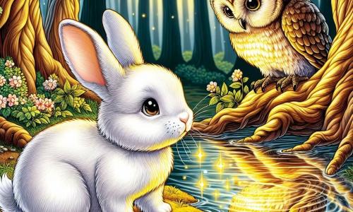 Un coniglietto dalle grandi orecchie, con un pelo morbido e bianco, si trova al bordo di un lago scintillante, il suo viso esprime curiosità e una leggera paura. Guarda il suo riflesso nell'acqua, dove si vede un bagliore dorato che proviene dall'albero magico dietro di lui. Un saggio gufo, con piume marroni e grandi occhi rotondi, è appollaiato su un ramo, osservando il coniglietto con un sorriso benevolo, pronto a dargli consigli. Il luogo è un bosco misterioso, dove grandi alberi dai tronchi nodosi si ergono verso il cielo, le loro foglie brillano di una tonalità dorata sotto la luce della luna, creando un'atmosfera magica e leggermente inquietante. La situazione principale mostra il coniglietto che, di fronte al suo riflesso, inizia a rendersi conto di dover affrontare le sue paure per proseguire nella sua ricerca, mentre il gufo lo incoraggia silenziosamente dall'alto.