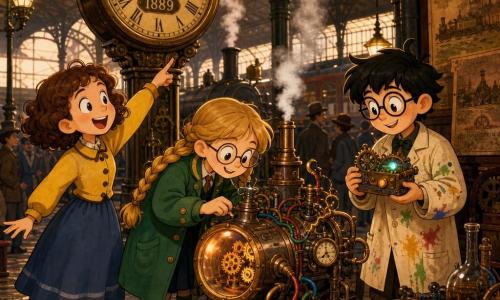 Tre bambini: Viola (circa 10 anni, capelli castani corti e ricci, giacca gialla con bottoni, gonna blu) a sinistra in primo piano che indica stupita l'orologio; Marta (circa 10 anni, capelli biondi in treccia, occhiali tondi, cappotto verde) al centro con un piccolo taccuino e matita mentre si china sulla macchina; Enrico (circa 12 anni, capelli neri arruffati, occhiali tondi più grandi, camice da inventore macchiato di vernice) a destra vicino a un tavolo, tenendo una macchinetta ad ingranaggi lampeggiante; ambientazione: grande stazione a vapore d'epoca con alti pilastri in ferro battuto, pavé lucido, fumo bianco a volute, enormi poster ingialliti e un grande quadrante in ottone sullo sfondo segnato 1889, luce dorata filtrata da vetri sporchi; scena: i tre esaminano una macchina del tempo al centro di un salone di invenzioni animato, vapore e scintille lievi, piccoli ingranaggi e cavi colorati intrecciati, espressioni di stupore e gioia, atmosfera d'avventura retro con palette calda (giallo, rame, verde profondo, blu notte), composizione dinamica con personaggi in primo piano e folla sfocata dietro, stile cartoon retrò "rubber hose" con contorni neri spessi e forme arrotondate.