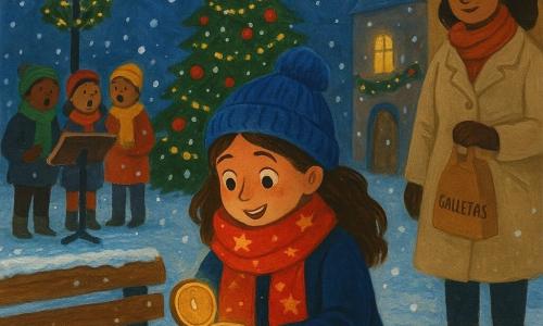 Luna, niña de 10 años, sonriente y maravillada, con una gran bufanda roja con estrellas, abrigo azul marino y botas cubiertas de nieve, sostiene una vieja brújula abierta que brilla con luz cálida mientras se arrodilla junto a un banco donde fue encontrada; a cierta distancia, su madre (unos 35 años) con abrigo beige y un paquete de galletas en papel marrón la mira con ternura desde la entrada de un mercado decorado; a la izquierda, un grupo de tres niños (8–11 años) canta villancicos con gorros y bufandas coloridos; la plaza del pueblo de noche bajo la nieve muestra adoquines, farolas de hierro forjado con guirnaldas, un gran árbol de Navidad con bolas rojas y guirnaldas doradas, copos grandes de nieve y pequeñas luces amarillas que crean reflejos dorados sobre la nieve.