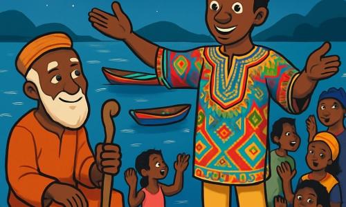 Un uomo di nome Mbe, sulla quarantina, con occhi brillanti e un sorriso caloroso, si trova al bordo di un molo di legno, le braccia aperte in un gesto di pace. Indossa una tunica colorata con motivi africani, e la sua espressione è calma e rispettosa, come se ascoltasse le storie del vento. Accanto a lui, un vecchio griot di circa 70 anni, con una lunga barba bianca e rughe che raccontano storie, è seduto su una cassa di legno. Tiene un bastone di legno intagliato e sorride con benevolenza, osservando Mbe con occhi pieni di saggezza. Sullo sfondo, il molo è circondato da piroghe colorate, dipinte di rosso e blu, che galleggiano dolcemente su un fiume scintillante sotto la luce della luna. Donne e bambini del villaggio, vestiti con abiti tradizionali, sono riuniti intorno, ascoltando attentamente, i loro volti illuminati dalla luce delle stelle. La scena mostra Mbe che interviene per placare un conflitto tra due fratelli, illustrando un momento di tensione che si trasforma in comprensione. I personaggi sono in movimento, con le mani alzate e volti espressivi, catturando l'essenza di una comunità unita dalla saggezza e dal rispetto.