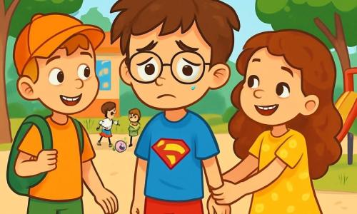 Un niño de 8 años, con cabello castaño desordenado y gafas redondas, se encuentra en el centro de la imagen, con una expresión de tristeza y preocupación en su rostro, los ojos ligeramente húmedos. Lleva una camiseta azul con un diseño de superhéroe y un pantalón corto rojo. A su derecha, una niña de 8 años, con cabello largo y rizado, sonriente y llena de confianza, le tiende la mano para animarlo. Ella lleva un vestido amarillo con lunares y sandalias. A su izquierda, un niño de 8 años, con cabello rubio y una gorra, lo mira con una sonrisa amistosa, listo para jugar con ellos. El escenario es un patio de escuela soleado, rodeado de grandes árboles verdes y juegos coloridos, como columpios y un tobogán. Al fondo, compañeros juegan al fútbol, creando un ambiente alegre. La situación principal muestra al niño triste recibiendo el apoyo de sus amigos para superar mensajes crueles que ha recibido, ilustrando un momento de solidaridad y amistad.