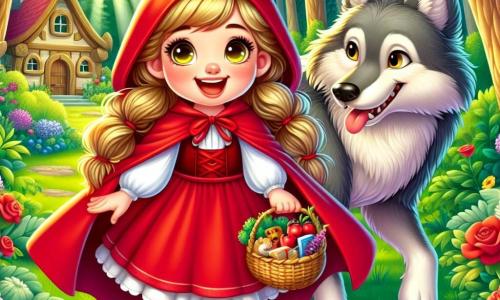 O Pequeno Chapeuzinho Vermelho, uma menina de cerca de 8 anos com longos cabelos dourados e um grande sorriso, usa uma capa vermelha brilhante que flutua atrás dela. Ela está alegremente no centro da cena, segurando uma cesta cheia de doces, com olhos brilhantes de excitação. Ao seu lado está um Lobo, um animal majestoso com pelagem cinza e olhos suaves, que parece curioso e amigável, ouvindo atentamente o Chapeuzinho Vermelho. Ao fundo, vê-se a casa da avó, uma pequena cabana de madeira cercada por flores coloridas e árvores verdes. A floresta é densa e mágica, com raios de sol filtrando pelas folhas, criando uma atmosfera acolhedora. A cena principal mostra o Pequeno Chapeuzinho Vermelho e o Lobo compartilhando um momento de cumplicidade, sentados na grama de uma clareira ensolarada, rindo juntos e trocando histórias, ilustrando a beleza de sua nova amizade.