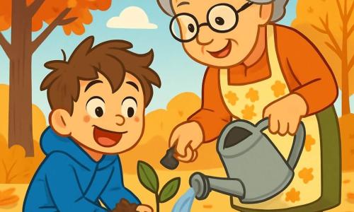 Um menino de 10 anos, Miguel, com cabelos castanhos bagunçados e um grande sorriso encantado, está agachado em um jardim de outono, cercado por folhas douradas e vermelhas. Ele usa um casaco azul vibrante e botas de chuva amarelas, suas mãos estão cheias de terra, e ele observa com entusiasmo uma pequena muda de castanheiro que acabou de plantar. Ao lado dele, sua avó, Dona Lurdes, uma mulher idosa com cabelos grisalhos e óculos redondos, está em pé, sorridente e orgulhosa, segurando uma pequena pá. Ela usa um avental florido e se inclina para lhe mostrar como regar a planta corretamente. O jardim é um verdadeiro quadro de outono, com árvores majestosas de folhas vibrantes, um céu azul claro salpicado de nuvens brancas e um solo coberto de folhas secas que estalam sob os pés. A cena principal mostra Miguel e sua avó plantando uma árvore, simbolizando a magia do outono e a transmissão de tradições familiares, enquanto compartilham um momento de alegria e aprendizado.