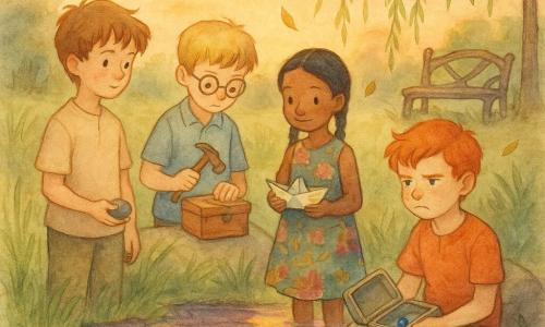 Four children, about nine: Jonah, fair-skinned with tousled brown hair and freckles, stands left holding a smooth stone and gazing thoughtfully at a sunset pond; Milo, short blond hair and round glasses, stands center-left repairing a box with a small hammer; Tess (who presents as a boy), black hair in a braid and wearing a colorful dress, stands center-right holding a paper boat painted with a star and smiling shyly toward Rowan; Rowan, red-haired and freckled, sits right on a large stone with an open marble box on his knee, holding a shiny marble in his palm and looking between anger and acceptance. They’ve gathered by a grassy, willow-lined pond at dusk to make amends—repairing the box, returning marbles, planting a willow—with gentle, deliberate gestures; the scene is soft, watercolor pastels with gold and purple reflections, small circular ripples from a dropped marble, drifting leaves, and a hint of wet earth and village bread.