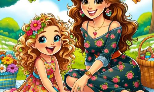 A 6-year-old girl named Lily, with curly golden hair, is wearing a colorful floral dress. She has a big smile on her face, overflowing with joy as she draws a large sunflower in her sketchbook while sitting on the green grass. Next to her, her mother, a woman in her thirties with long brown hair, is sitting cross-legged, proudly watching her daughter's drawing while holding a picnic basket filled with delicious treats. The setting is a spring park, filled with vibrant flowers, large leafy trees, and a clear blue sky dotted with a few white clouds. Colorful butterflies fly around them, adding to the magic of the scene. The main focus shows Lily concentrated on her drawing, surrounded by nature's beauty, while her mother encourages her with a warm smile, creating a moment of shared happiness between mother and daughter.