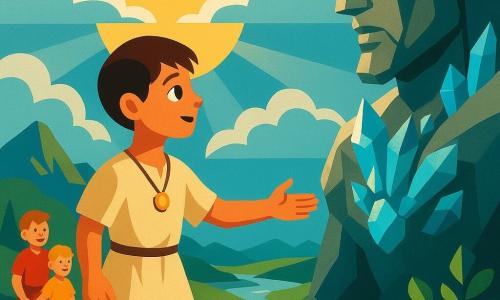 A boy named Sorya, with eyes shining with curiosity and courage, stands atop a mountain, dressed in a linen tunic and wearing a sparkling amulet around his neck. Beside him, the giant guardian, a majestic figure carved from stone, awakens, its golden eyes slowly opening, surrounded by glistening crystals. In the background, two brothers, one tall and the other small, stand hand in hand, smiling with gratitude, their colorful clothes vibrant in the morning light. The mountain peak is enveloped in silver clouds, with sunrays piercing through, illuminating the landscape below. The main scene shows Sorya reaching out to the guardian, symbolizing the awakening of peace and justice, while nature around them seems to be reborn, with flowers blooming and rivers shimmering.