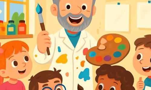 A man, Mr. Brush, stands in the center of his bright studio, smiling joyfully. He has graying hair, a neat beard, and wears a white coat splattered with colorful paint. He holds a brush in one hand and a palette of vibrant colors in the other, ready to paint. Around him are four children: Lily, a 7-year-old girl with a pink bow in her hair, amazed by the colors; Max, an 8-year-old boy with glasses and a mischievous smile, holding a brush; Mia, a 6-year-old girl with curly hair, focused on her canvas; and Sam, a 7-year-old boy in a colorful t-shirt, excitedly showing his artwork. The studio is filled with large windows letting in sunlight, white-painted walls, and shelves stocked with paint pots of all colors. White canvases are hung on the walls, and the floor is covered in paint splatters. The scene depicts Mr. Brush teaching the children how to mix colors and paint together, creating a joyful and creative atmosphere.