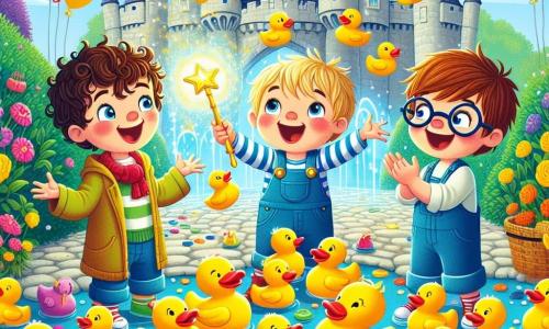 Three little boys, aged four, stand at the center of the scene: Max, a boy with curly brown hair, smiling with sparkling eyes, holds a shimmering magic wand; Leo, a messy-haired blond boy, laughs heartily with a flower pot on his head; Sam, a boy with chestnut hair and round glasses, claps while laughing, surrounded by colorful rubber ducks floating around them. Their adventure takes place in Twinkletown Castle, a magical place with sparkling stone walls, colorful flags fluttering in the wind, and gardens filled with vibrant flowers. Multicolored balloons rise into the blue sky, while rays of sunshine illuminate the scene. The boys are having fun making magical objects appear with the wand, but instead of a big cake, a multitude of rubber ducks pops up, causing bursts of laughter and joyful chaos.