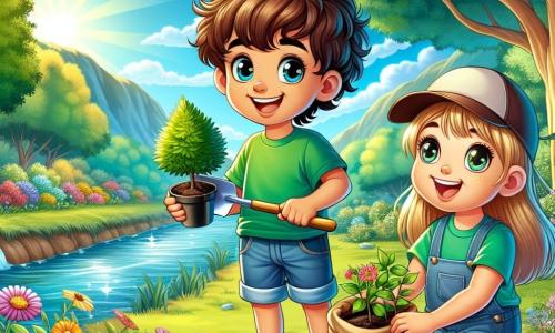 Um garoto de 12 anos, Miguel, com cabelos castanhos e cacheados, veste uma camiseta verde brilhante e um short de denim. Seu rosto expressa uma determinação alegre, com um grande sorriso e olhos brilhantes. Ele segura uma pá em uma mão e uma pequena planta em vaso na outra, pronto para plantá-la. Ao seu lado, Clara, uma menina de 11 anos com cabelos longos e loiros, usa um boné e uma camiseta azul. Ela sorri e segura um balde cheio de terra, olhando para Miguel com entusiasmo. Eles estão à beira de um bonito riacho, cercado por árvores majestosas com folhas verdes vibrantes e flores coloridas ao longo da margem. O céu é de um azul intenso, salpicado de algumas nuvens brancas e fofas. A cena mostra Miguel e Clara plantando árvores para ajudar a restaurar seu ambiente, com sacos de terra e ferramentas espalhados ao redor, ilustrando seu compromisso com a proteção da natureza.